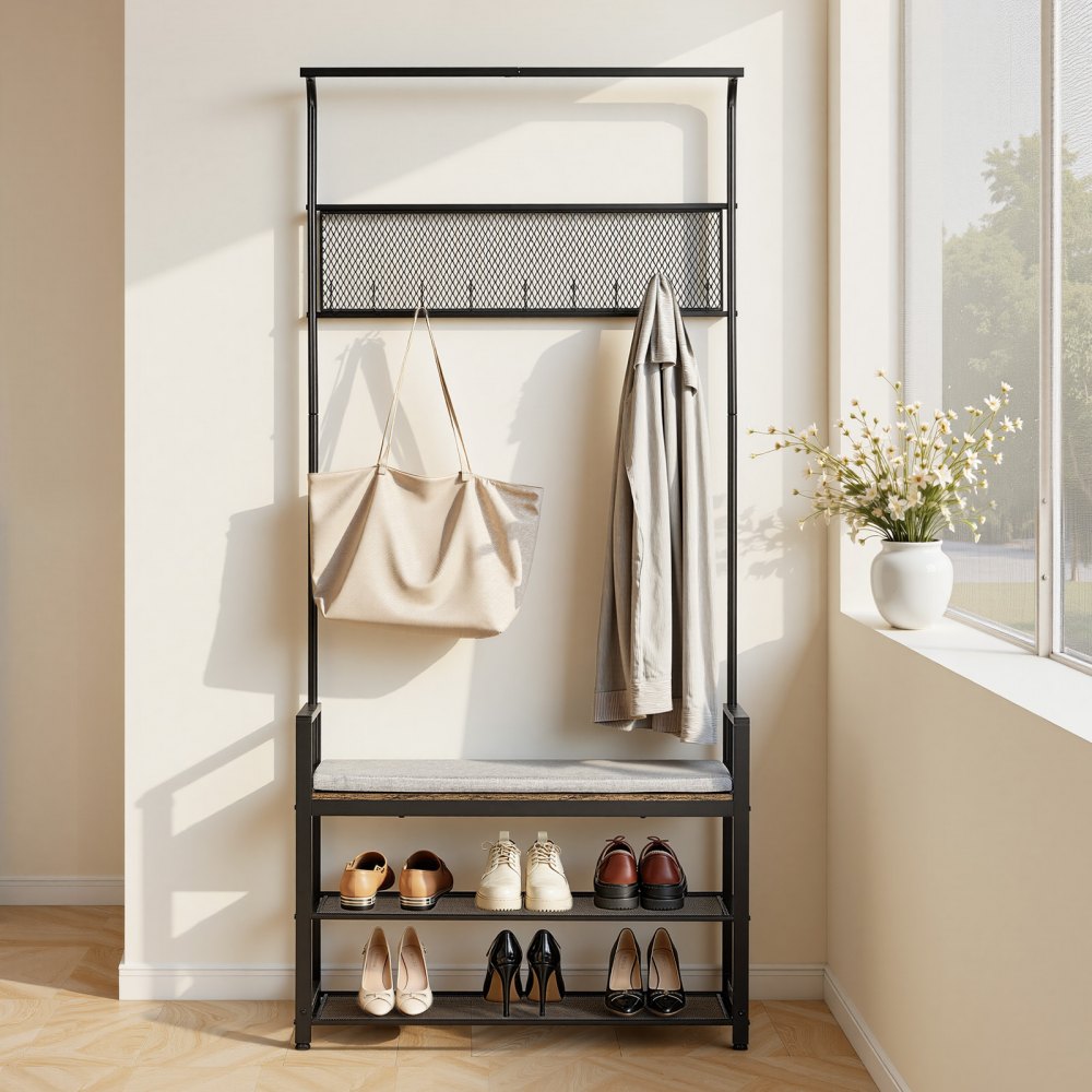 VEVOR Hall Tree, 72 in Coat Rack with Shoe Bench, Freestanding 2-Tier Shoe Rack Storage Organizer with Hooks, Hanging