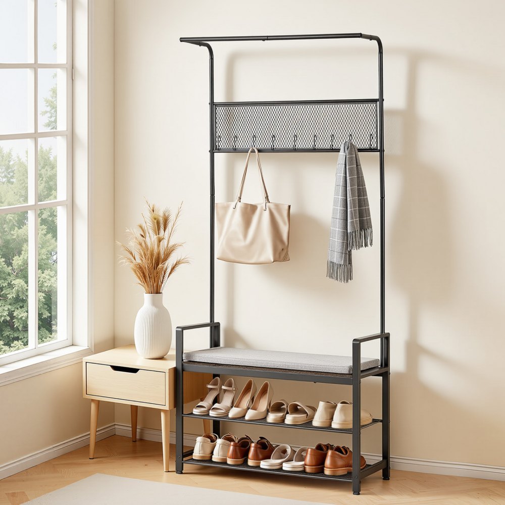 VEVOR Hall Tree, 72 in Coat Rack with Shoe Bench, Freestanding 2-Tier Shoe Rack Storage Organizer with Hooks, Hanging