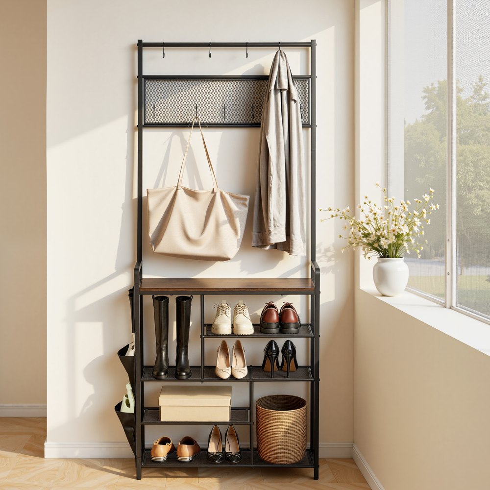 VEVOR Hall Tree, 70.9 in Coat Rack with Shoe Storage, Freestanding 4-Tier Shoe Rack Organizer with Hooks, Side Pocket