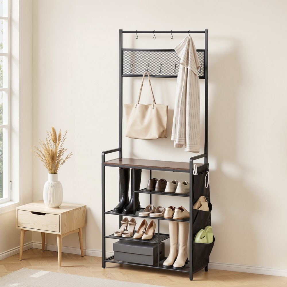 VEVOR Hall Tree, 70.9 in Coat Rack with Shoe Storage, Freestanding 4-Tier Shoe Rack Organizer with Hooks, Side Pocket