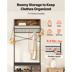 VEVOR Hall Tree, 70.9 in Coat Rack with Shoe Bench & 3 Drawers, 3-in-1 Freestanding Shoe Rack Storage Organizer with