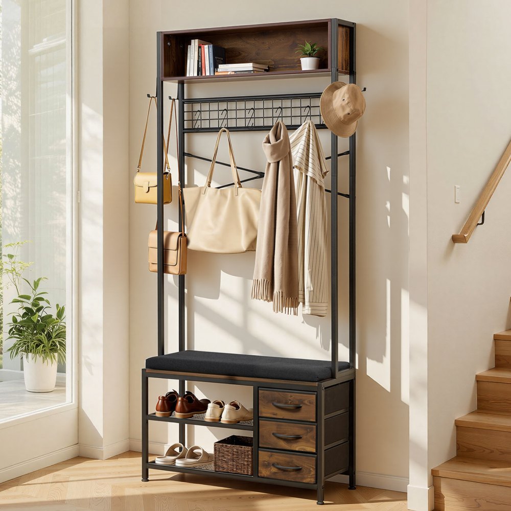 VEVOR Hall Tree, 70.9 in Coat Rack with Shoe Bench & 3 Drawers, 3-in-1 Freestanding Shoe Rack Storage Organizer with
