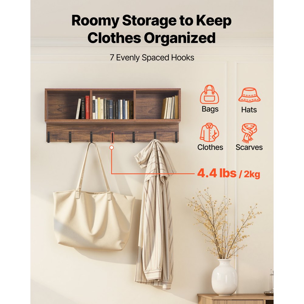 VEVOR Coat Rack with Shoe Bench, 3-in-1 Shoe Coat Rack Combo Set with Hooks and Bookshelf, Steel Frame Hall Tree
