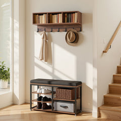 VEVOR Coat Rack with Shoe Bench, 3-in-1 Shoe Coat Rack Combo Set with Hooks and Bookshelf, Steel Frame Hall Tree