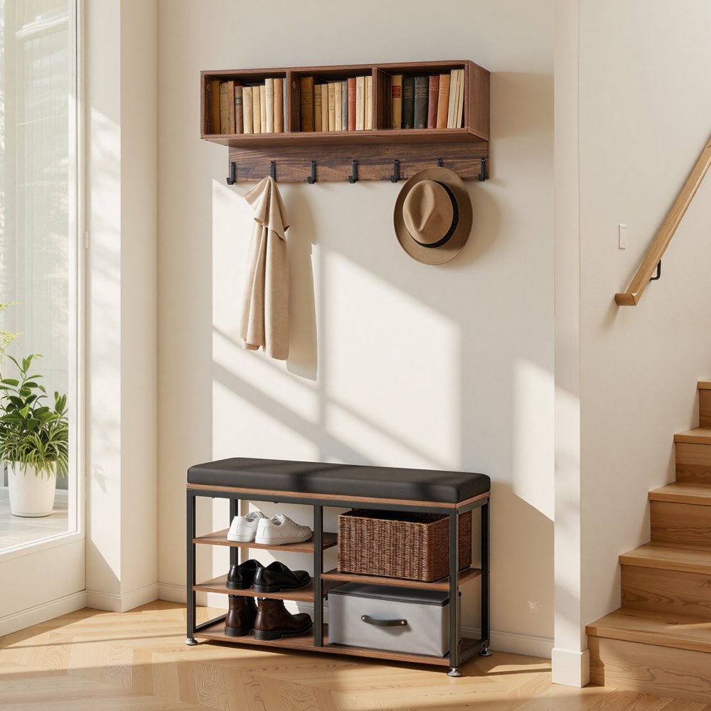 VEVOR Coat Rack with Shoe Bench, 3-in-1 Shoe Coat Rack Combo Set with Hooks and Bookshelf, Steel Frame Hall Tree