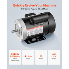VEVOR 1 HP Electric Motor, 1725RPM Air Compressor Motor, CW/CCW Rotation, 5/8 inch Shaft Diameter, 1.88inch Shaft