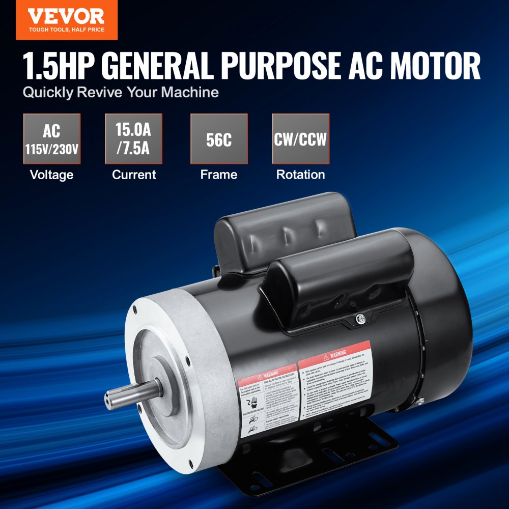 VEVOR 1.5HP Electric Motor 1725 rpm, AC 115V/230V, 56C Frame, Air Compressor Motor Single Phase, 5/8" Keyed Shaft