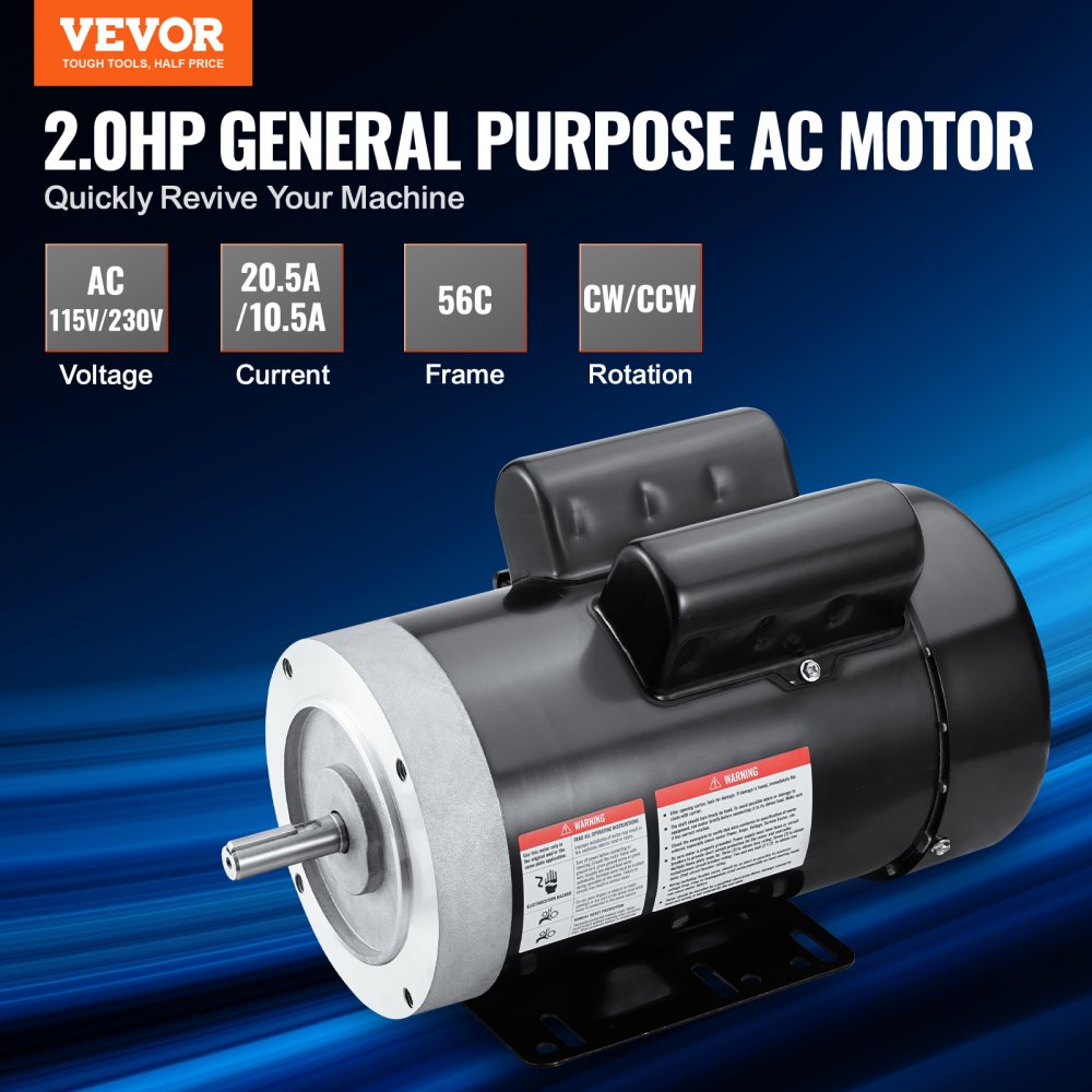 VEVOR 2HP Electric Motor 1725 rpm, AC 115V/230V, 56C Frame, Air Compressor Motor Single Phase, 5/8" Keyed Shaft, CW/CCW