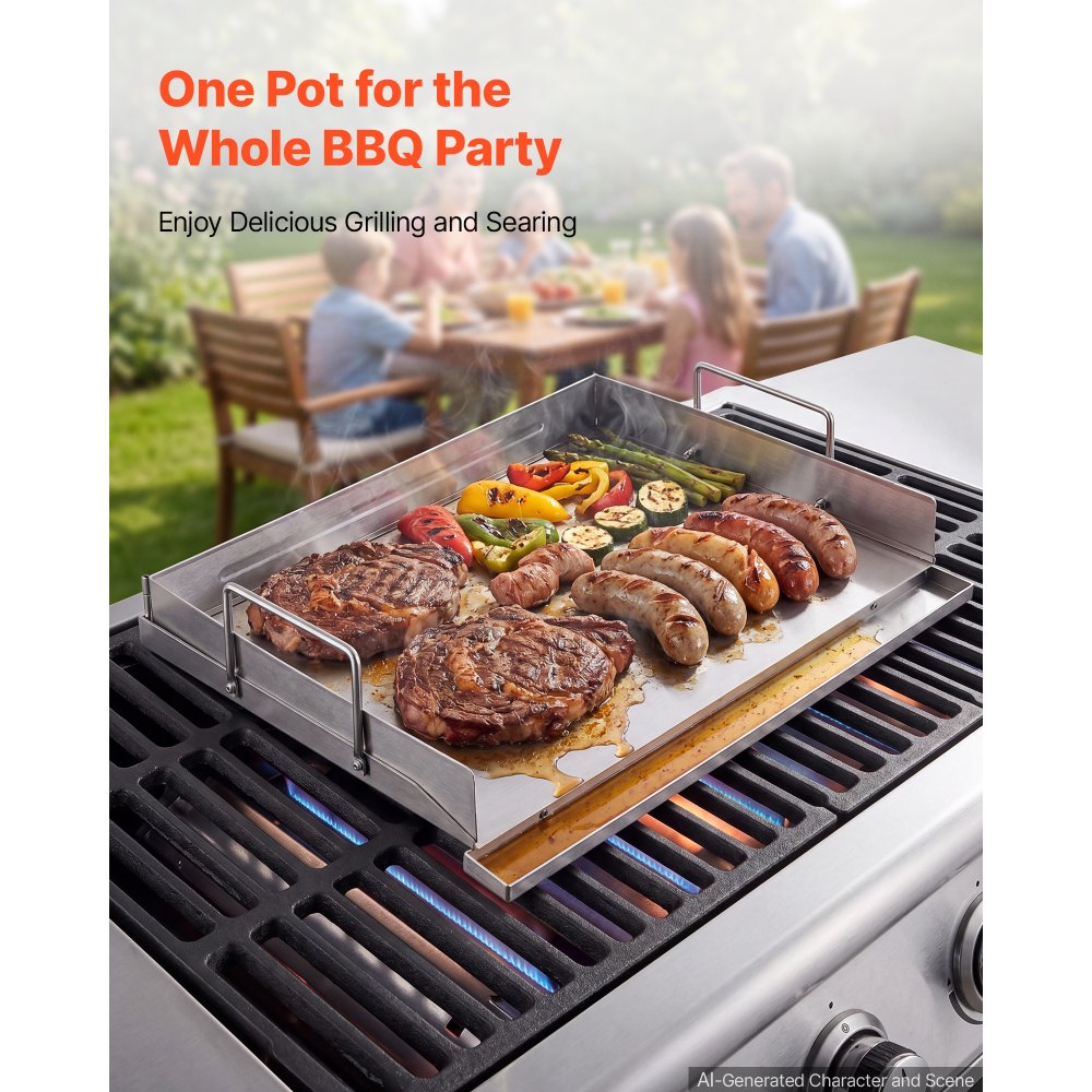 VEVOR Stainless Steel Griddle 18x16 inch Flat Top Outdoor Plate with Handle, for BBQ Eggs Burger, Even Heat