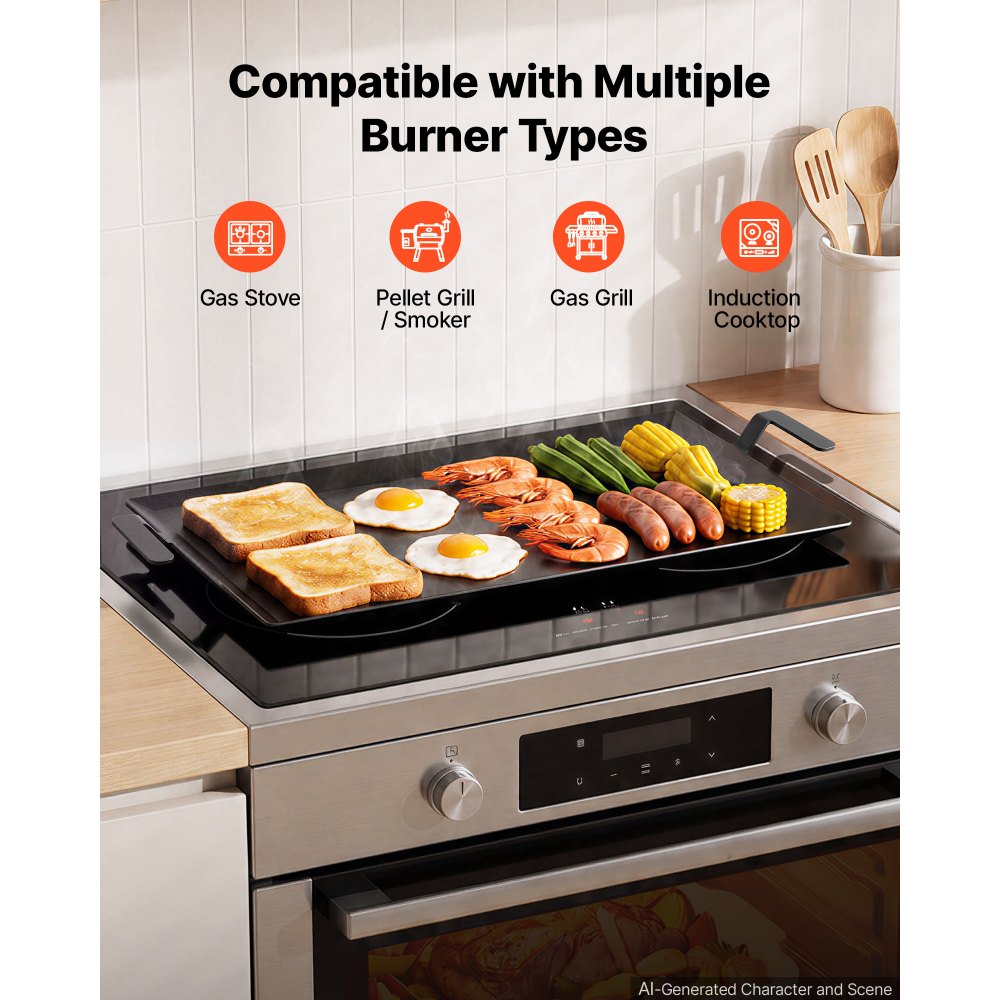 VEVOR Carbon Steel Griddle 17x9 in Flat Top Pre-Seasoned Plate Handle, for BBQ Eggs Burgers, Non-Stick, Portable