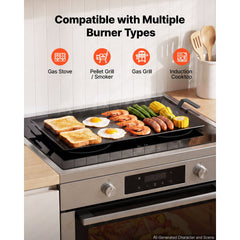 VEVOR Carbon Steel Griddle 17x9 in Flat Top Pre-Seasoned Plate Handle, for BBQ Eggs Burgers, Non-Stick, Portable