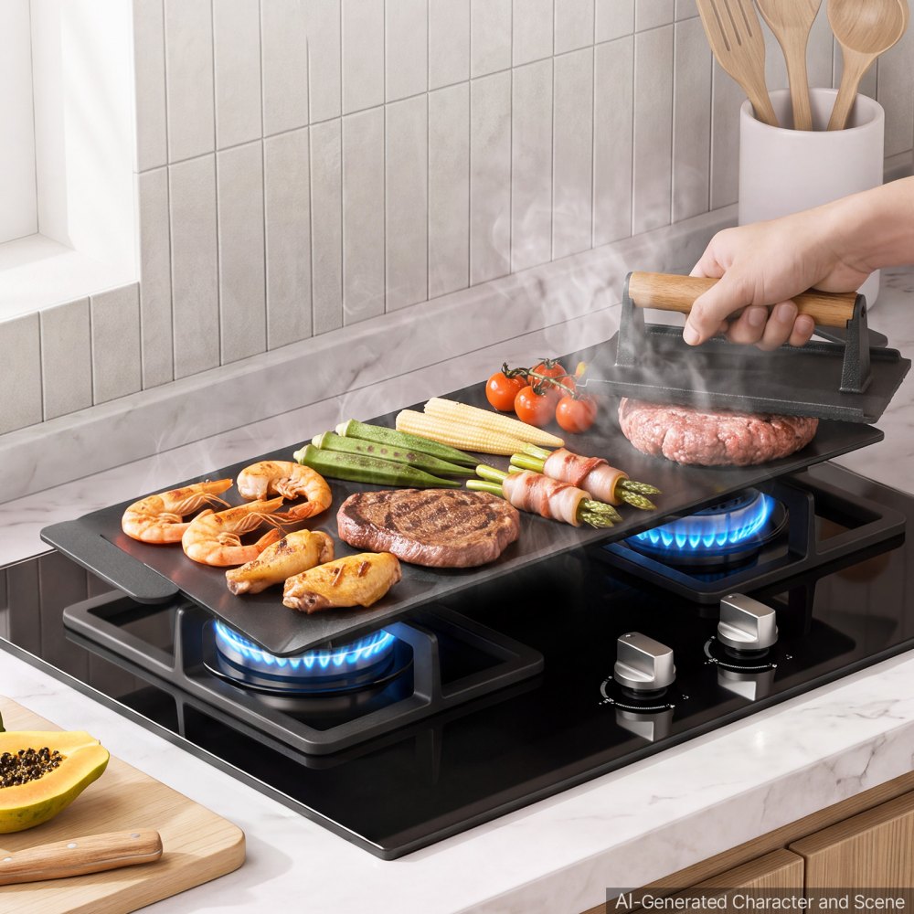 VEVOR Carbon Steel Griddle 17x9 in Flat Top Pre-Seasoned Plate Handle, for BBQ Eggs Burgers, Non-Stick, Portable