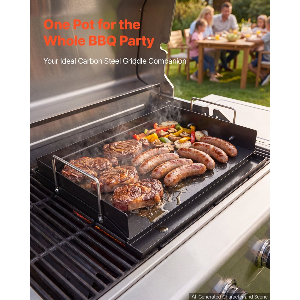 VEVOR Carbon Steel Griddle 17x11 inch Flat Top Pre-Seasoned Plate Handle, for BBQ Eggs Burger, Even Heat Distribution