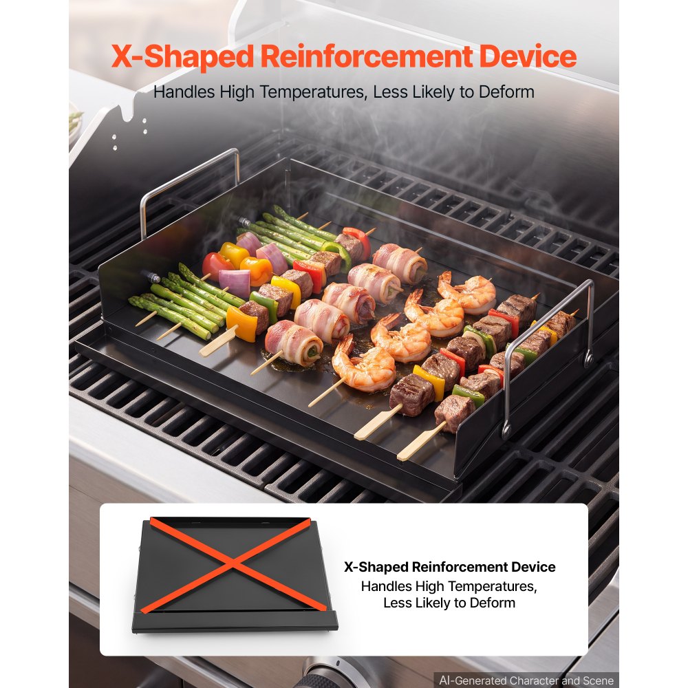 VEVOR Carbon Steel Griddle 17x11 inch Flat Top Pre-Seasoned Plate Handle, for BBQ Eggs Burger, Even Heat Distribution