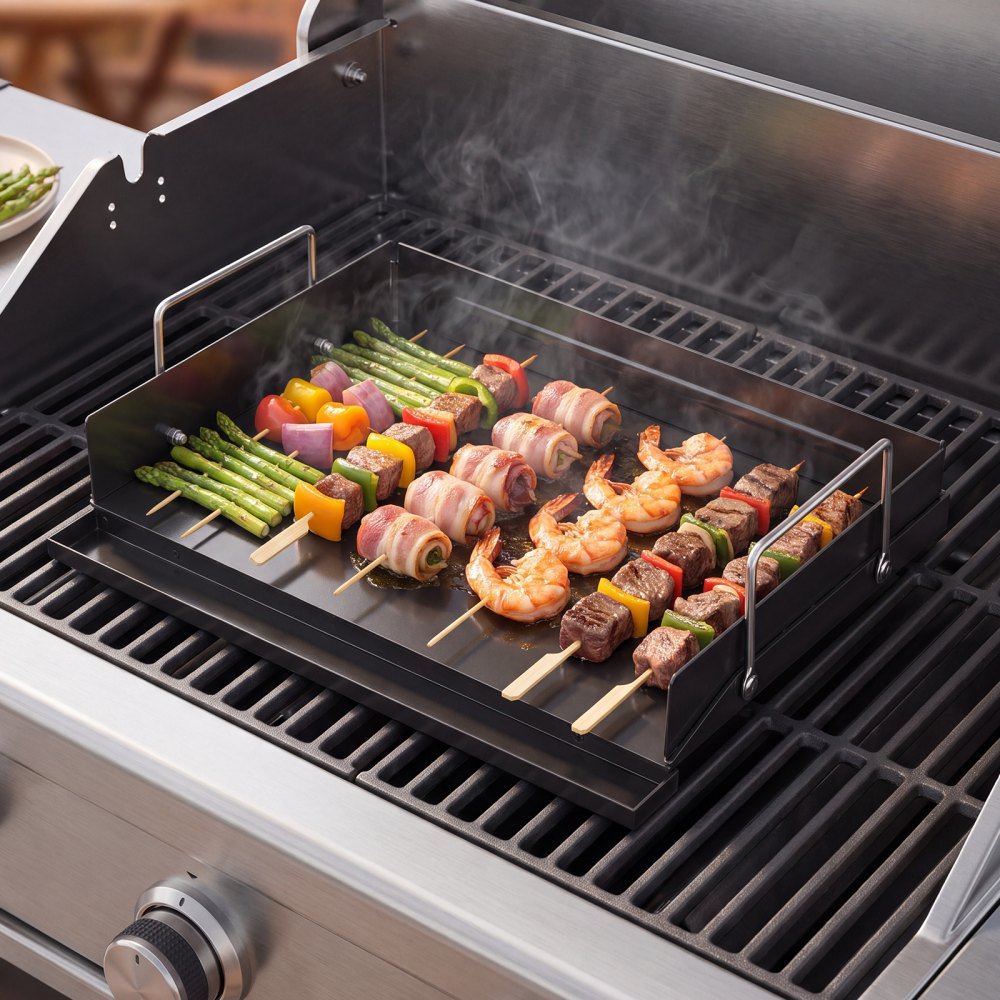 VEVOR Carbon Steel Griddle 17x11 inch Flat Top Pre-Seasoned Plate Handle, for BBQ Eggs Burger, Even Heat Distribution