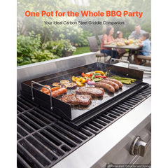 VEVOR Carbon Steel Griddle 25x16 inch Flat Top Pre-Seasoned Plate Handle, for BBQ Eggs Burger, Even Heat Distribution