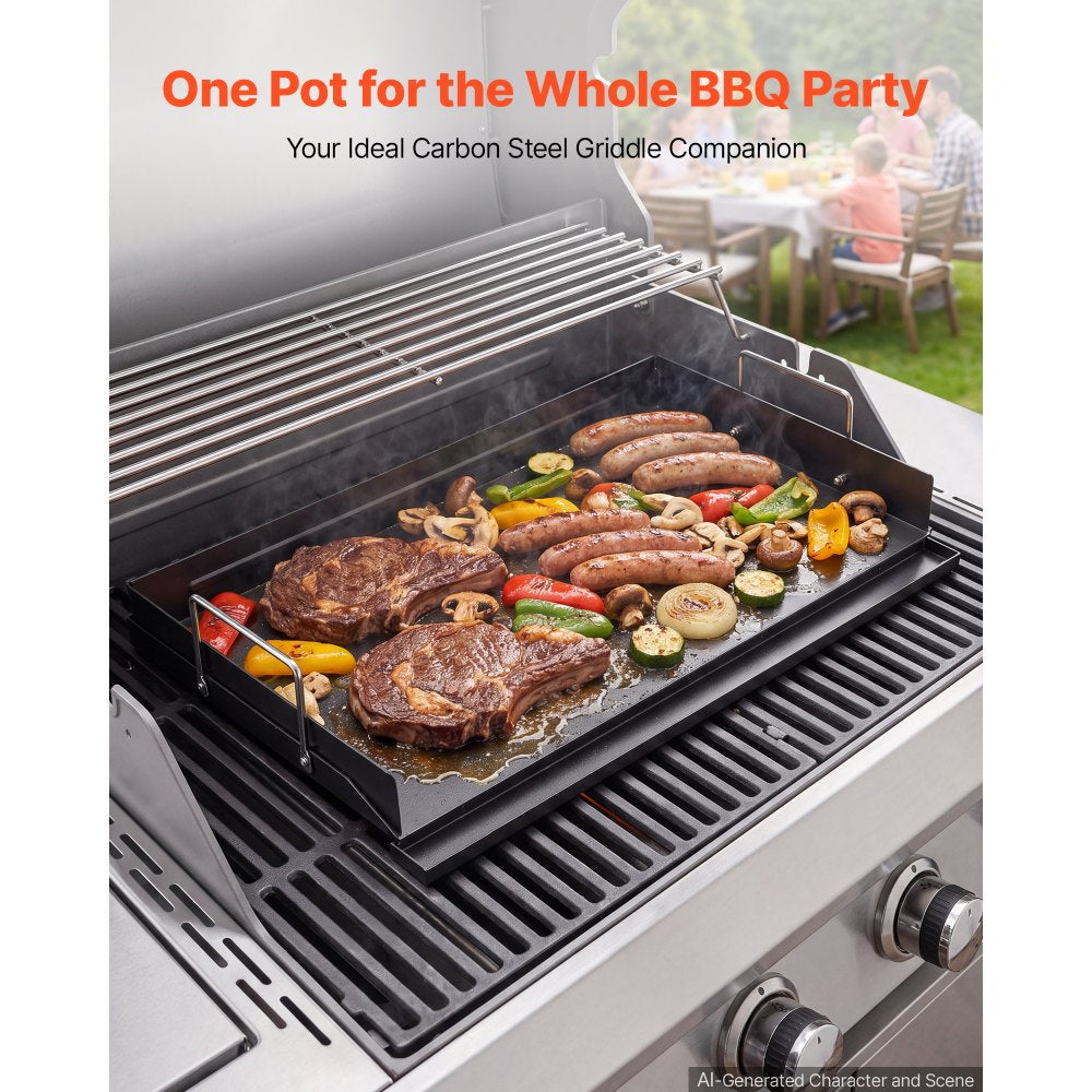 VEVOR Carbon Steel Griddle 25x16 inch Flat Top Pre-Seasoned Plate Handle, for BBQ Eggs Burger, Even Heat Distribution