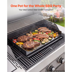 VEVOR Carbon Steel Griddle 25x16 inch Flat Top Pre-Seasoned Plate Handle, for BBQ Eggs Burger, Even Heat Distribution