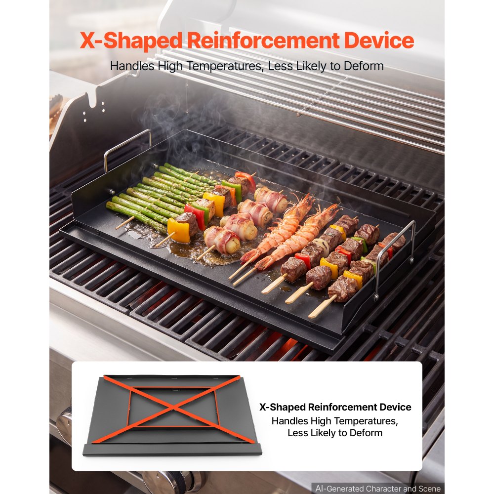 VEVOR Carbon Steel Griddle 25x16 inch Flat Top Pre-Seasoned Plate Handle, for BBQ Eggs Burger, Even Heat Distribution
