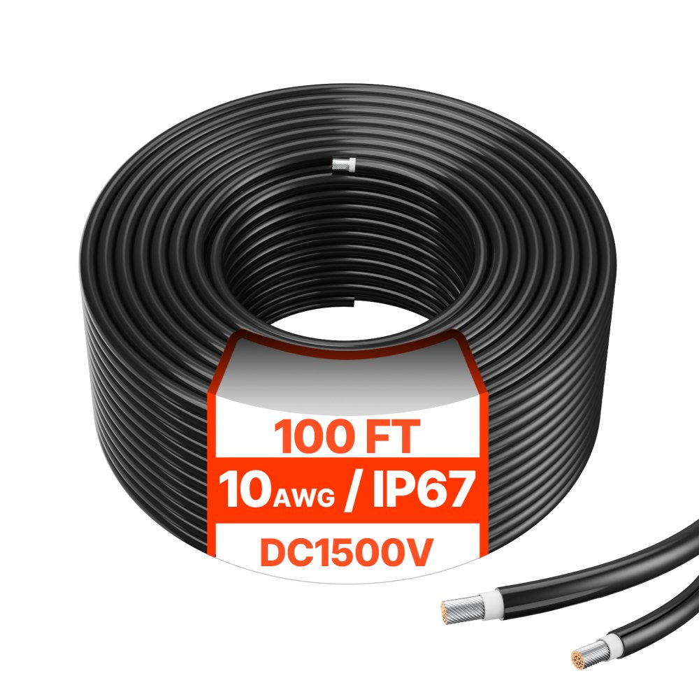 VEVOR 100FT Solar Panel Extension Cable 10AWG Waterproof PV 6mm² Cable Black - Single / Black