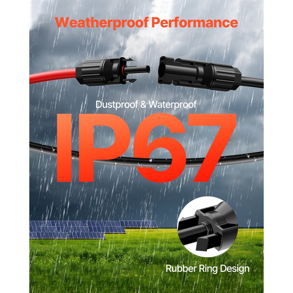 VEVOR 30FT Solar Panel Extension Cable, 10AWG Solar Extension Cable Wire with Female & Male Waterproof Connectors, 6mm²