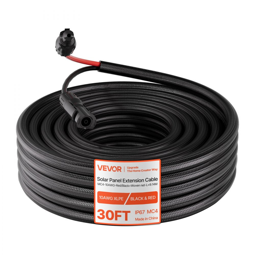 VEVOR 30FT Solar Panel Extension Cable, 10 AWG, Solar Panel Wire with Flame Retardant Protective Sleeving, Female and