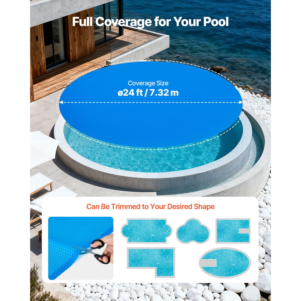 VEVOR Solar Pool Cover, 24 ft Round Pool Bubble Cover, 12 Mil Pools Solar Blanket with Bubble & PE Material, Daytime
