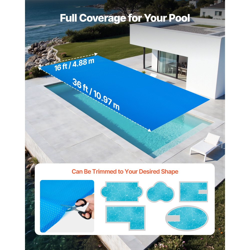 VEVOR Solar Pool Cover, 36 x 16 ft Rectangle Pool Bubble Cover, 12 Mil Pools Solar Blanket with Bubble & PE Material