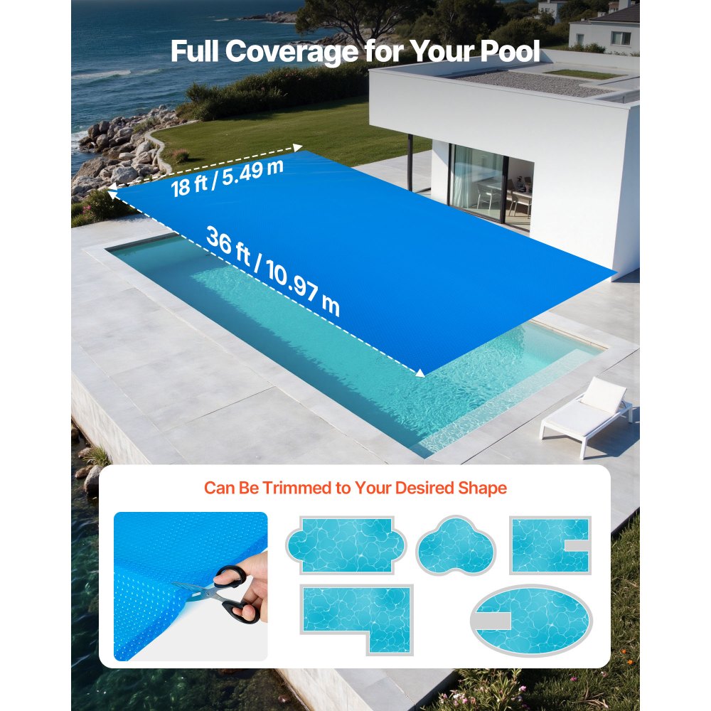 VEVOR Solar Pool Cover, 36 x 18 ft Rectangle Pool Bubble Cover, 8 Mil Pools Solar Blanket with Bubble & PE Material