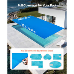 VEVOR Solar Pool Cover, 36 x 18 ft Rectangle Pool Bubble Cover, 8 Mil Pools Solar Blanket with Bubble & PE Material