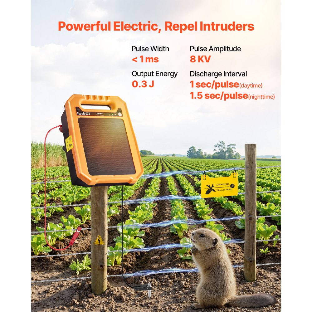 VEVOR Solar Fence Charger, 0.3J 8 kV Solar Powered Fence Charger, 1.86 Miles Range, Weather-Resistant Electric Fence
