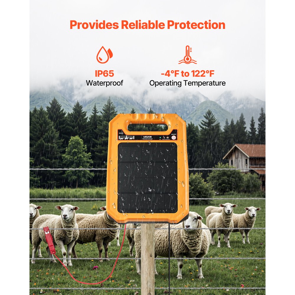 VEVOR Solar Fence Charger, 0.3J 8 kV Solar Powered Fence Charger, 1.86 Miles Range, Weather-Resistant Electric Fence
