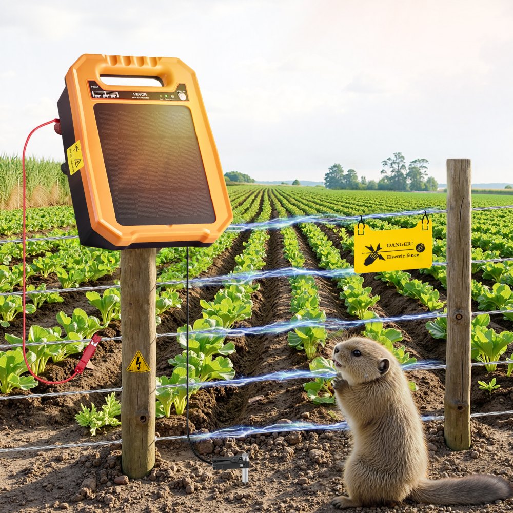 VEVOR Solar Fence Charger, 0.3J 8 kV Solar Powered Fence Charger, 1.86 Miles Range, Weather-Resistant Electric Fence