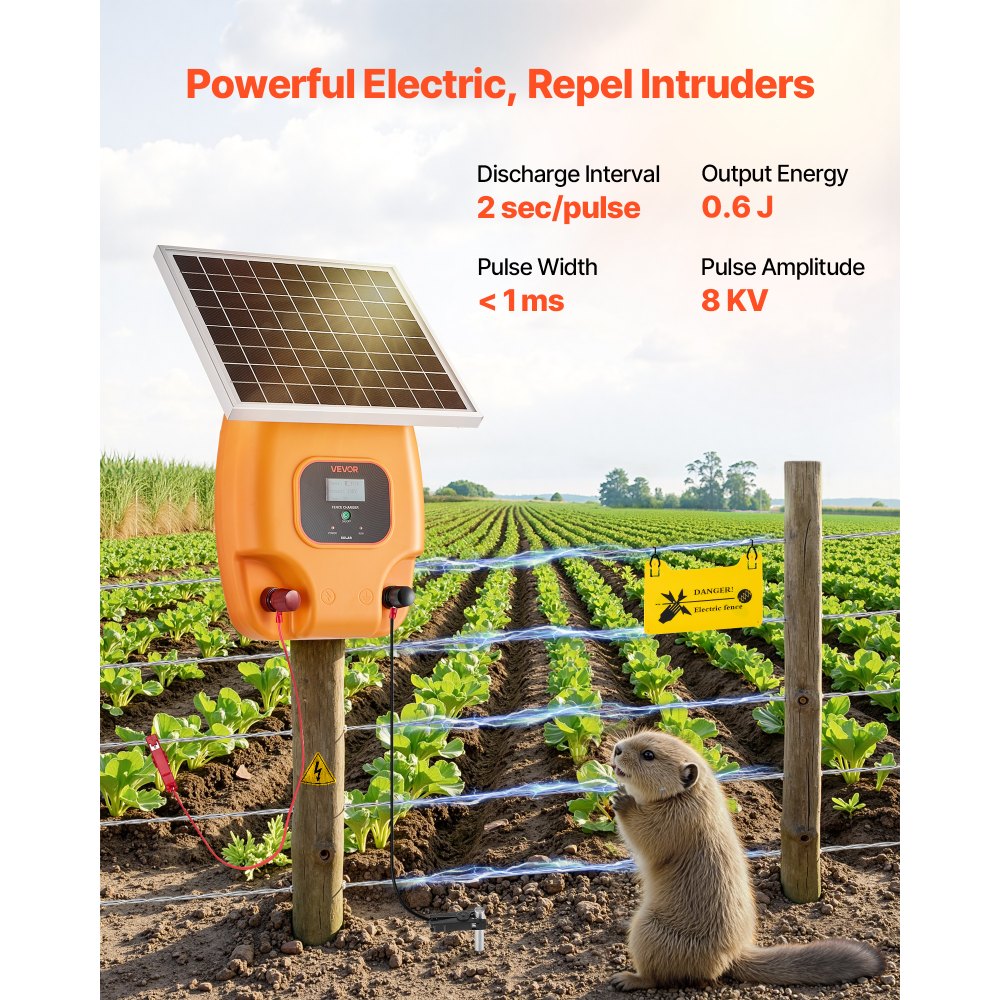 VEVOR Solar Fence Charger, 0.6J 8kV Solar Powered Fence Charger, 1.86 Miles Range, Electric Fence Energizer Kit, Keep