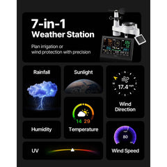 VEVOR 7-in-1 Wi-Fi Weather Station with APP, 7.5-Inch VA Display, Wireless Solar Powered Outdoor Sensor, Rain Gauge