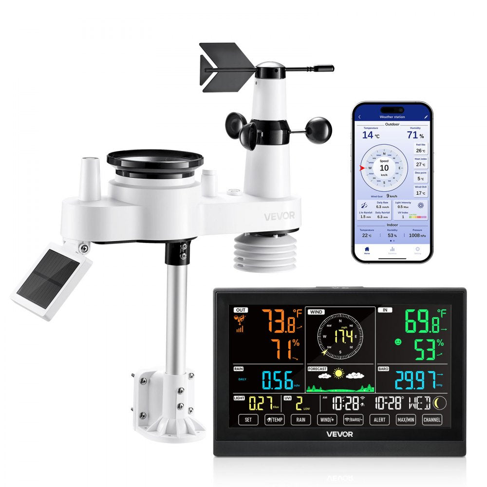 VEVOR 7-in-1 Wi-Fi Weather Station with APP, 7.5-Inch VA Display, Wireless Solar Powered Outdoor Sensor, Rain Gauge