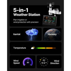 VEVOR 5-in-1 Wi-Fi Weather Station, 7.5-Inch VA Display, Wireless Solar Powered Outdoor Sensor, Rain Gauge, Indoor