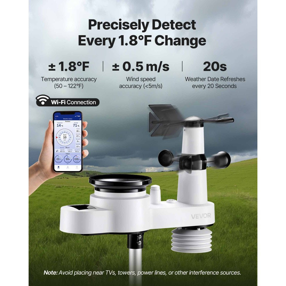 VEVOR 5-in-1 Wi-Fi Weather Station, 7.5-Inch VA Display, Wireless Solar Powered Outdoor Sensor, Rain Gauge, Indoor