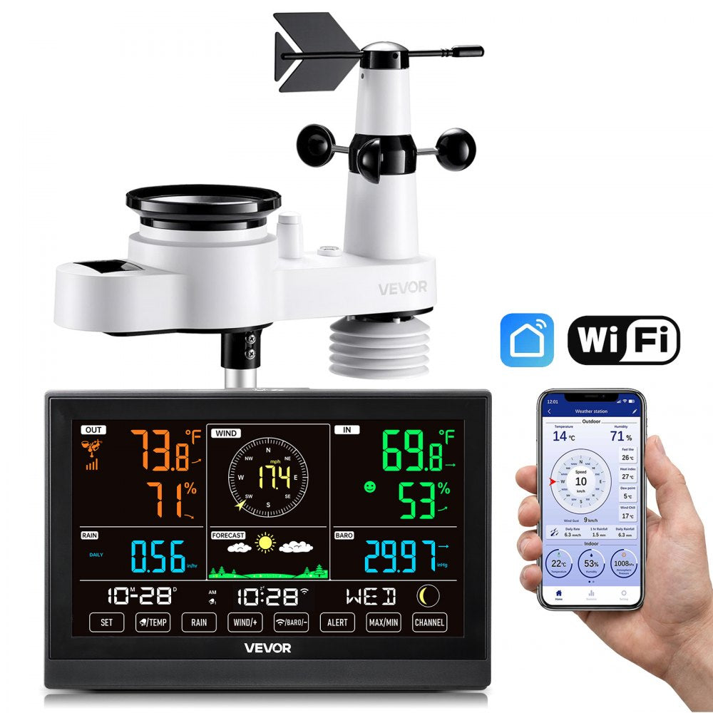 VEVOR 5-in-1 Wi-Fi Weather Station, 7.5-Inch VA Display, Wireless Solar Powered Outdoor Sensor, Rain Gauge, Indoor