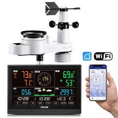 VEVOR 5-in-1 Wi-Fi Weather Station, 7.5-Inch VA Display, Wireless Solar Powered Outdoor Sensor, Rain Gauge, Indoor