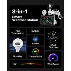 VEVOR 7-in-1 Wi-Fi Weather Station with APP, 7.5 in Display, Wireless Solar Powered Outdoor Sensor, with Pool