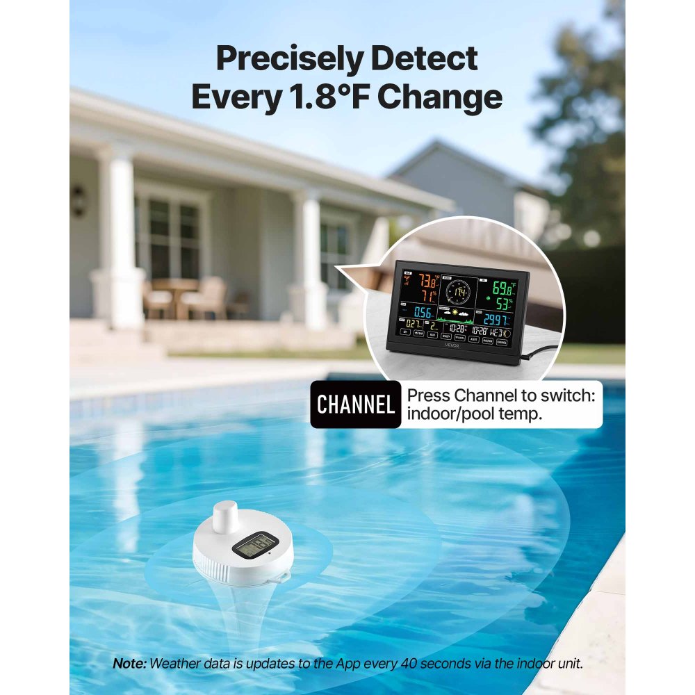 VEVOR 7-in-1 Wi-Fi Weather Station with APP, 7.5 in Display, Wireless Solar Powered Outdoor Sensor, with Pool