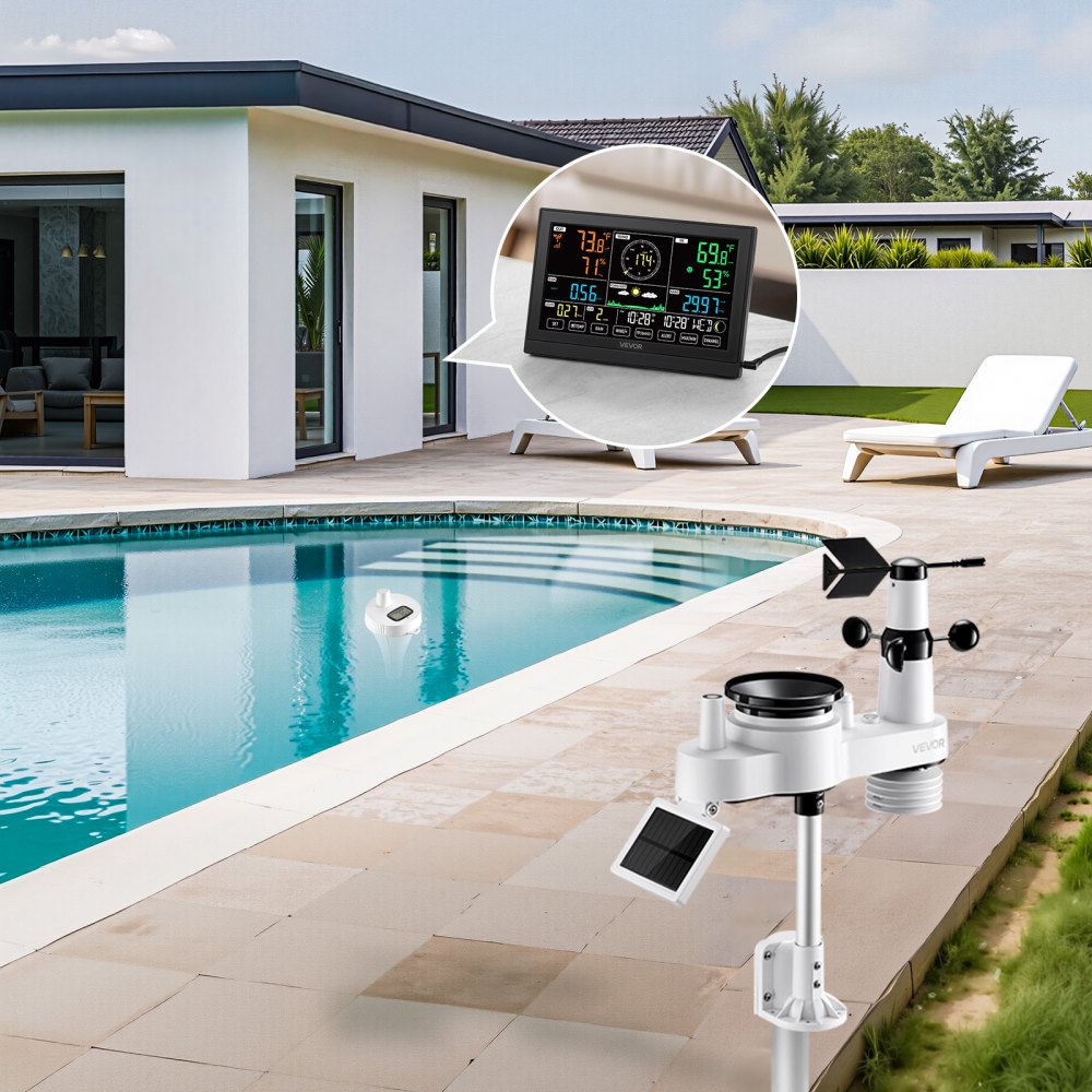 VEVOR 7-in-1 Wi-Fi Weather Station with APP, 7.5 in Display, Wireless Solar Powered Outdoor Sensor, with Pool