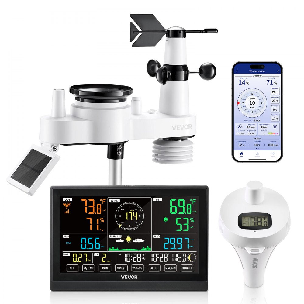 VEVOR 7-in-1 Wi-Fi Weather Station with APP, 7.5 in Display, Wireless Solar Powered Outdoor Sensor, with Pool