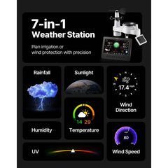 VEVOR 7-in-1 Wi-Fi Weather Station, 7-Inch TFT Display, Wireless Solar Powered Outdoor Sensor, Rain Gauge, Indoor