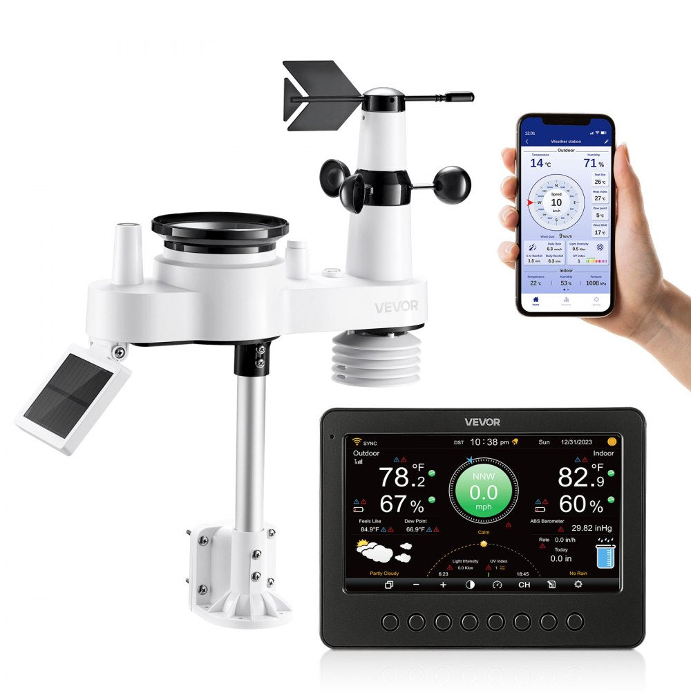 VEVOR 7-in-1 Wi-Fi Weather Station, 7-Inch TFT Display, Wireless Solar Powered Outdoor Sensor, Rain Gauge, Indoor