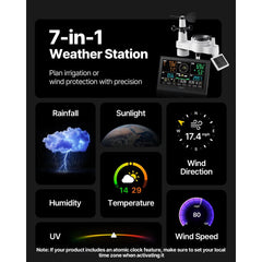 VEVOR 7-in-1 Wireless Weather Station, 7.5-Inch VA Display, Solar Powered Outdoor Sensor, Rain Gauge, Indoor Outdoor