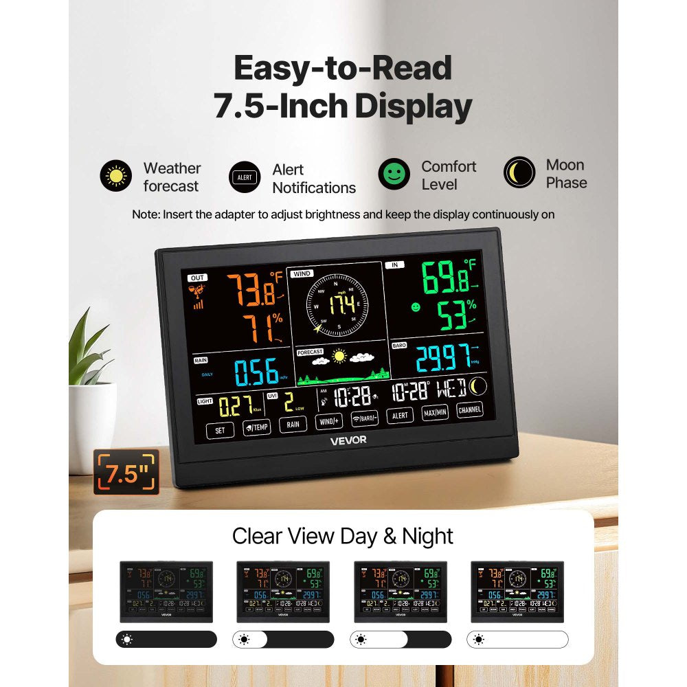 VEVOR 7-in-1 Wireless Weather Station, 7.5-Inch VA Display, Solar Powered Outdoor Sensor, Rain Gauge, Indoor Outdoor