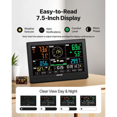 VEVOR 7-in-1 Wireless Weather Station, 7.5-Inch VA Display, Solar Powered Outdoor Sensor, Rain Gauge, Indoor Outdoor