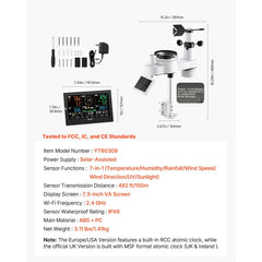 VEVOR 7-in-1 Wireless Weather Station, 7.5-Inch VA Display, Solar Powered Outdoor Sensor, Rain Gauge, Indoor Outdoor
